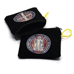 QIGO Saint Benedict Color Print Black Velet Zipper Rope Rosary Necklace Storage Bag