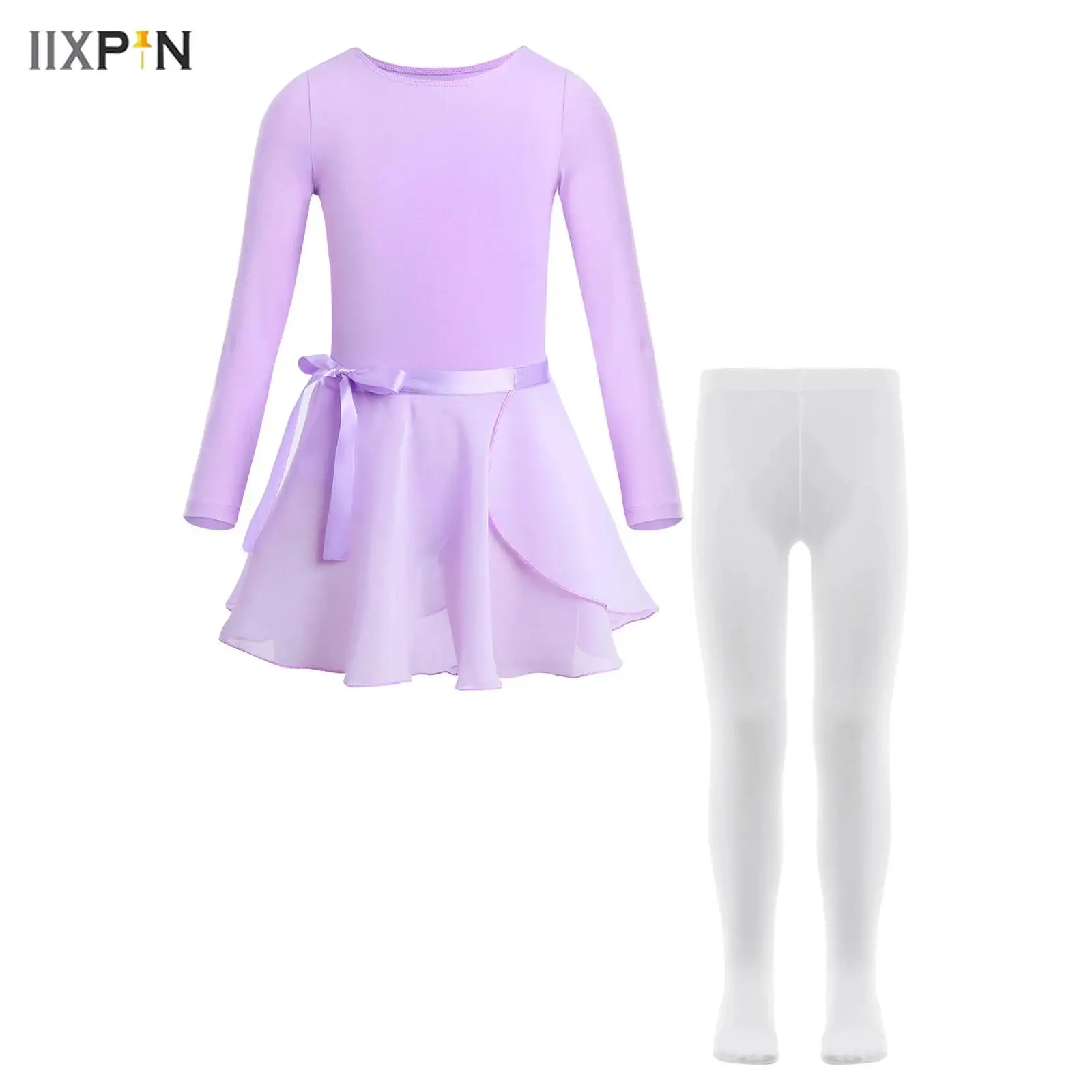 

3Pcs Girls Ballet Dance Leotard Gymnastics Training Performance Outfits Long Sleeve Bodysuit+Tie Chiffon Skirt+Pantyhose Set