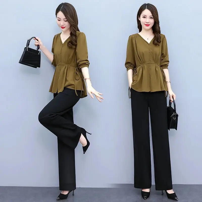 Ensemble de pantalons coréens pour femmes, col en V décontracté, plis à la taille, laçage, pantalons féminins minces, tenues solides, nouvelle mode, printemps, 2024, 2 pièces