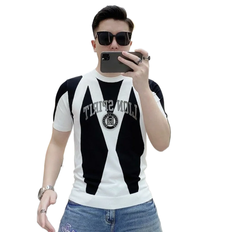 Men's Clothing Summer high quality Fashion Slim-fit Trendy Contrast Color Printed Handsome Round Neck T-shirts