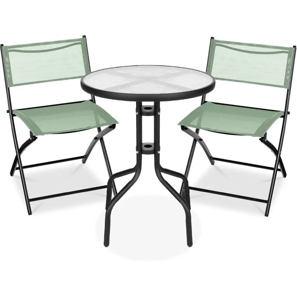 

Sage Polyester Fabric Patio Bistro Set with Textured Glass Top and 2 Folding Steel Chairs