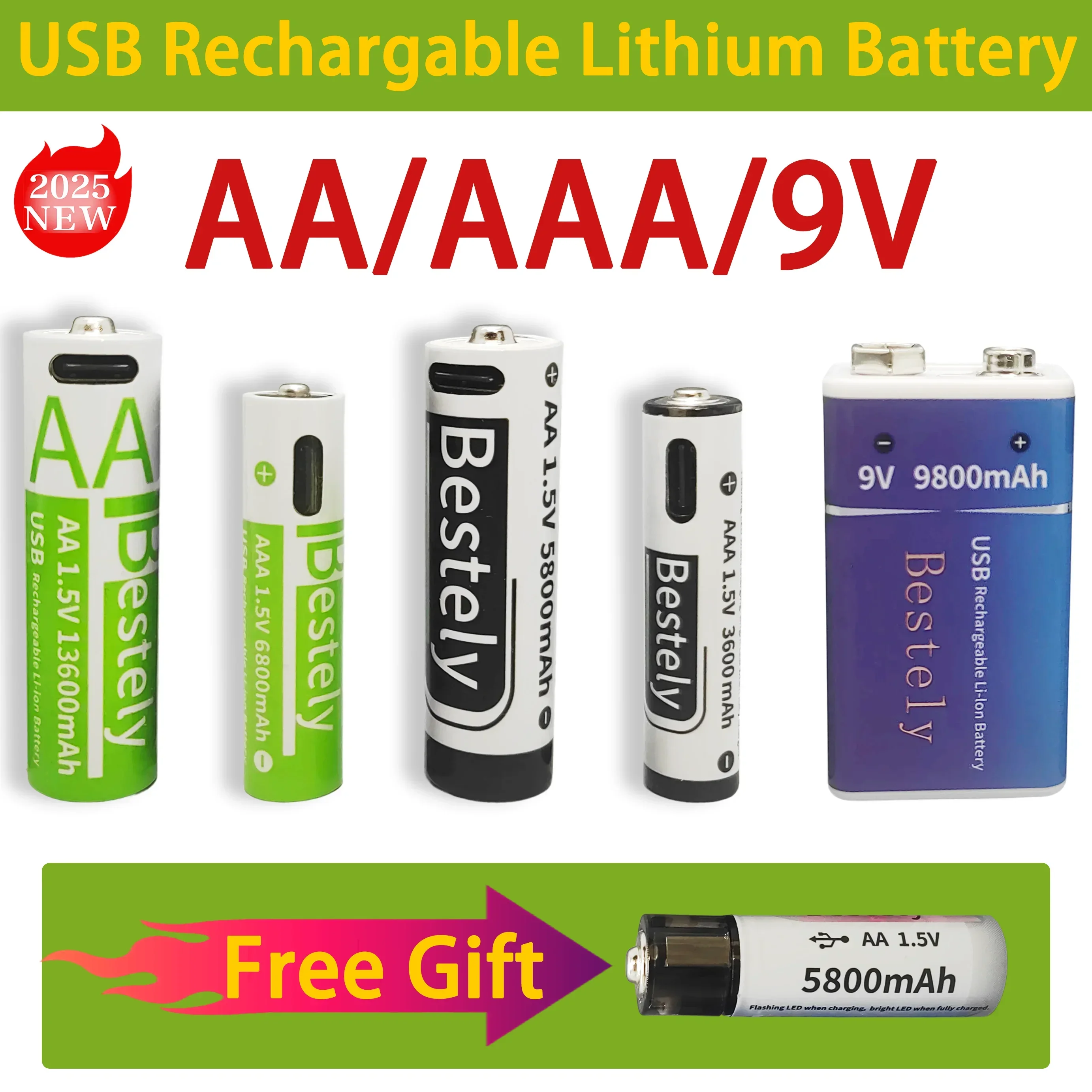 New Set 1.5V AA /AAA/9V Rechargeable Lithium Battery/High Capacity/USB-C Fast Charging Li-ion Batteries 2000 Cycles Long Lasting