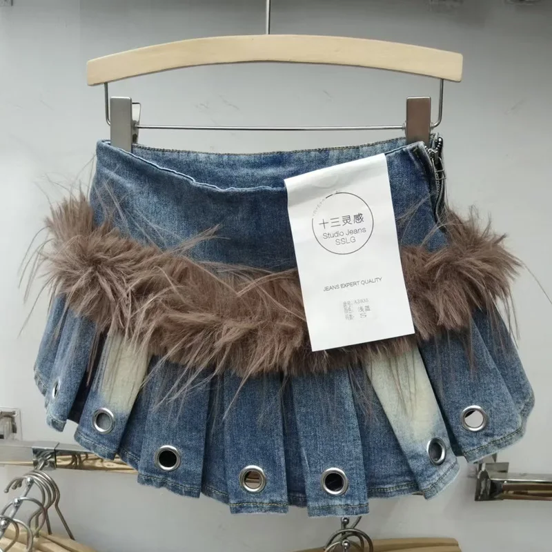 

Тяжелая промышленность 2025, осень-зима, новый стиль, индивидуальные сладкие и пряные лоскутные пушистые джинсовые шорты, юбка для женщин