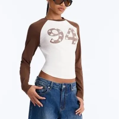 Long Sleeve Printed Top Drop Shoulder Sexy with Dance Round Neck Pullover Short Length Travel Streetwear Fitted Autumn for Women