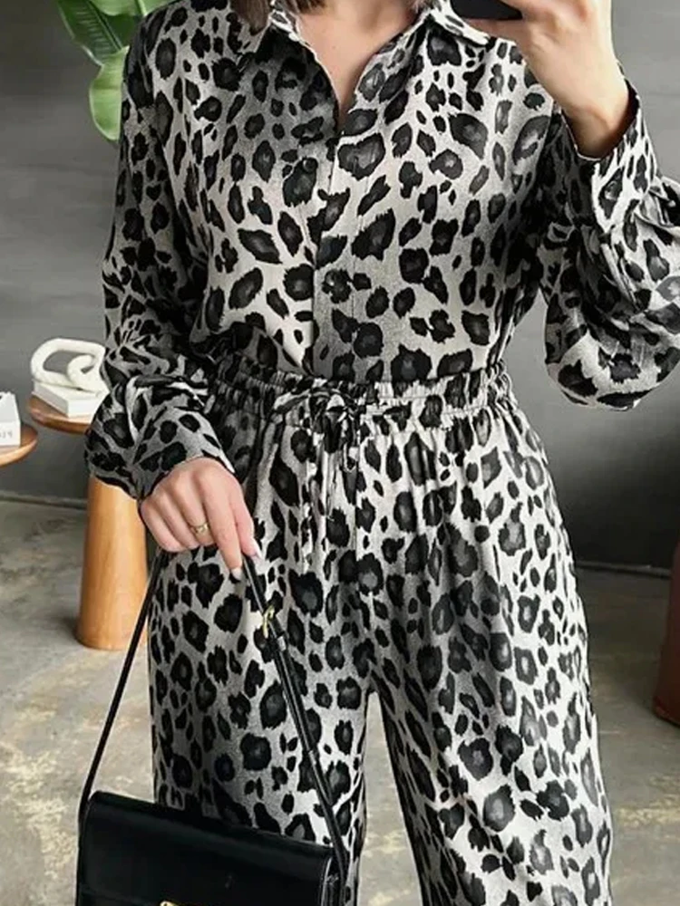

Повседневная рубашка с длинными рукавами и комплект с длинными брюками, женская мода, свободный костюм из двух предметов с леопардовым принтом, элегантная уличная удобная одежда