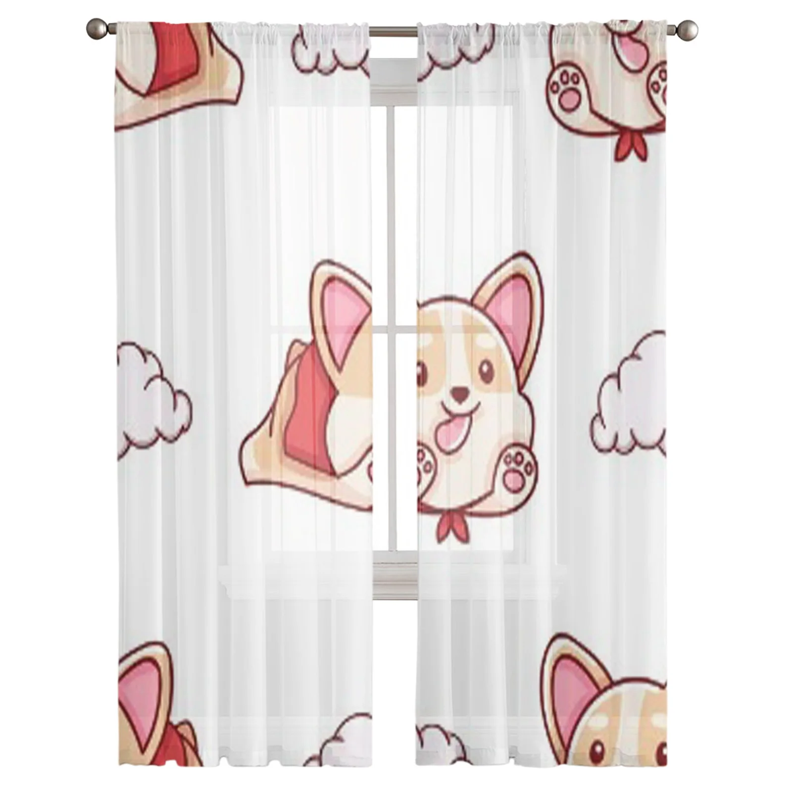 Cute Kawaii Corgi Doodles Print Bay Window Screening Curtains Drape Sheer Tulle For Living Room Bedroom Voile Organza Curtains