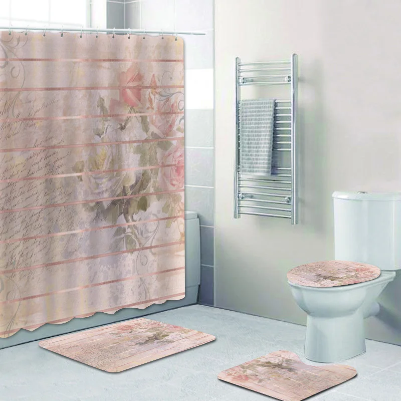 Girly Pastel Steampunk Rose Pink and Gold Sophisticated Shower Curtain Set for Toilet Grunge Floral Bathroom Curtains Home Decor