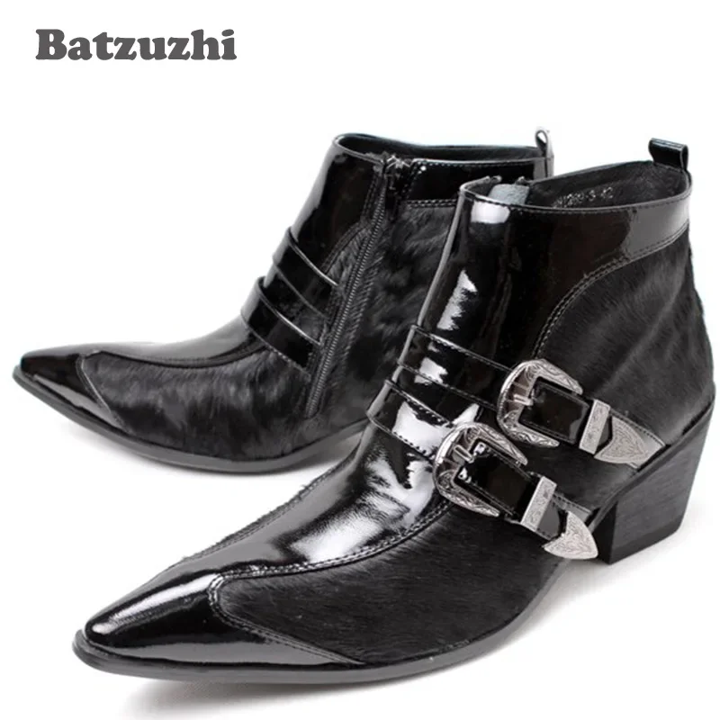 

Batzuzhi Big size Western Man's Ankle Boots Iron Pointed Toe Handsome Short Boots Black Italian Style Men Boots Winter, EU38-46