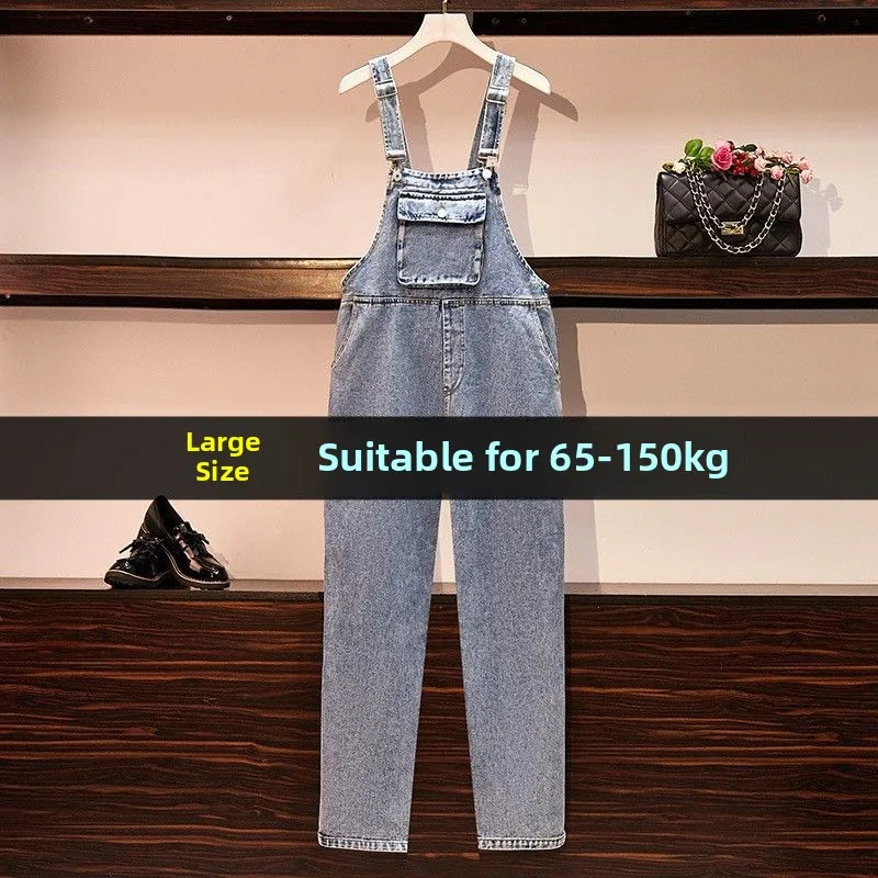 

plus Size Denim Overalls Women's Spring Autumn New Loose High Waist Pants Big Size 300 Pou Slimming Effect
