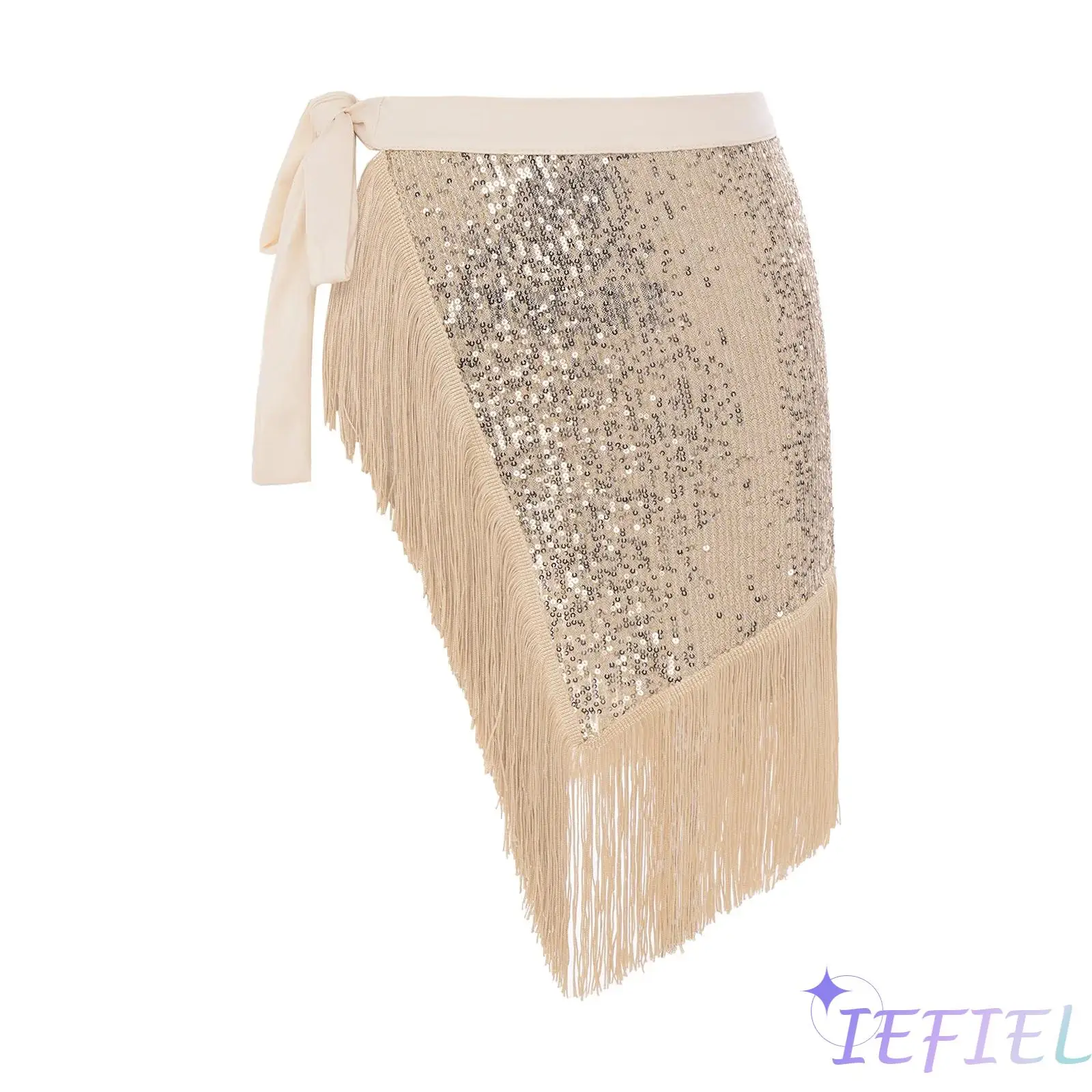 Women Latin Dance Fringed Wrap Skirt Glitter Sequin Irregular Hem Skirt and Tassel Lace-up Hip Scarf Waist Chain for Belly Dance