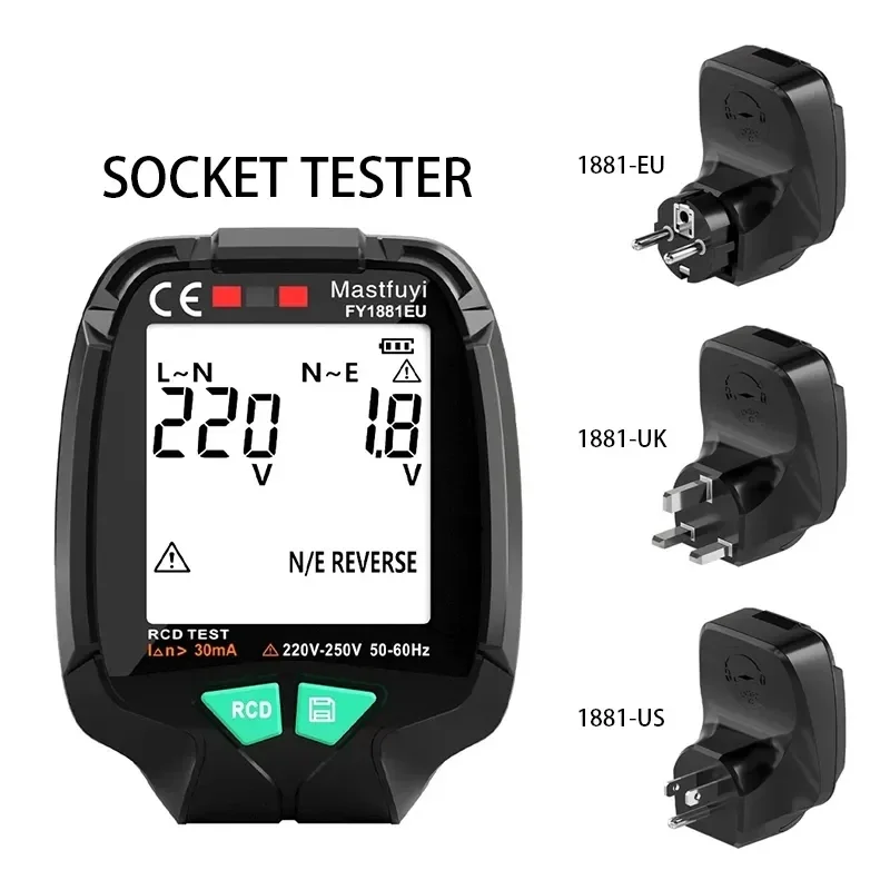 MASTFUYI FY1881 Generation Full Screen Socket Tester Ground Zero AC Voltage Tester 30V-250V RCD Test Plug Polarity Phase Check