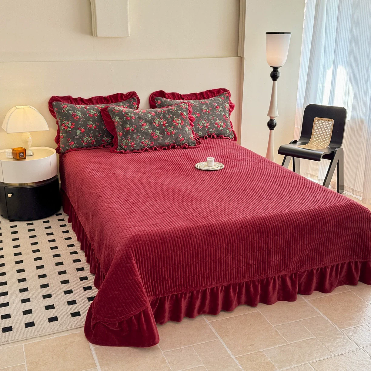 French Winter Thickened Milk Fleece 4pcs Bedding Sets Flower Warm Quilt Cover Bedspread for Women Bedroom