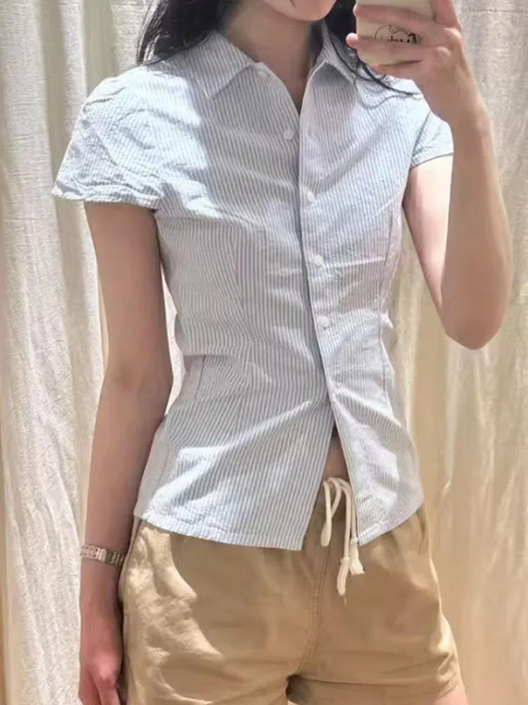 

Slim Fit Striped ort Sve irt Women's Collar Design Summer Faionable Versatile Age Reducing Cute French Sle Top