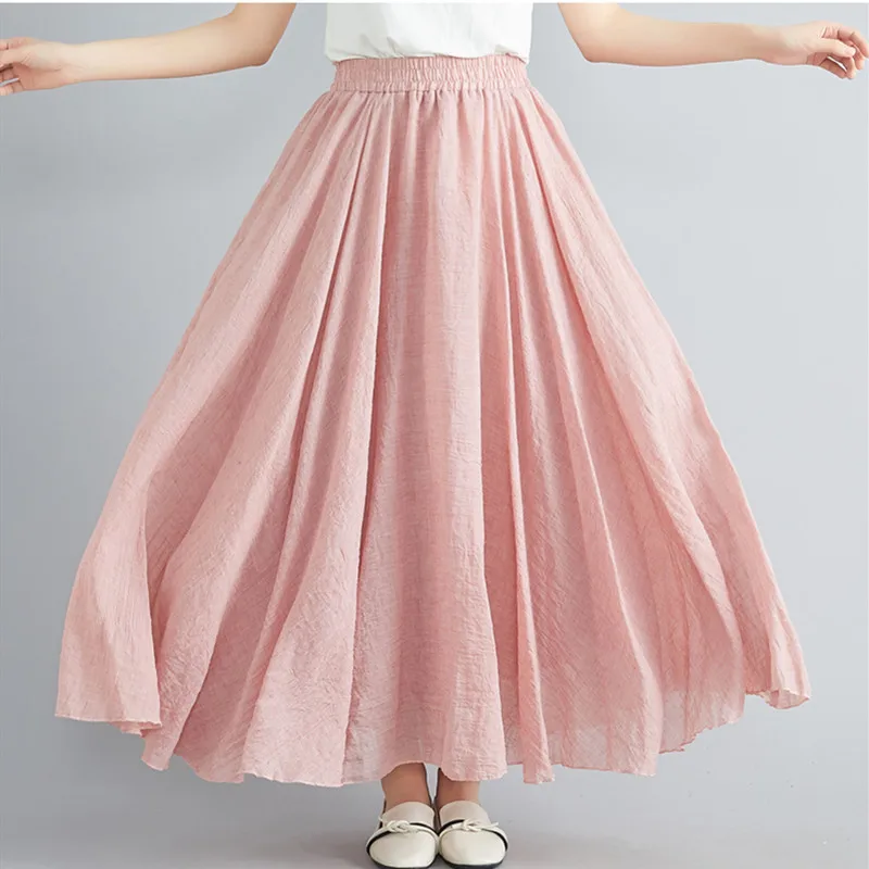 Women Linen Cotton Long Skirts Elastic Waist Pleated Maxi Skirts Beach Boho Vintage Summer Skirts Faldas Saia