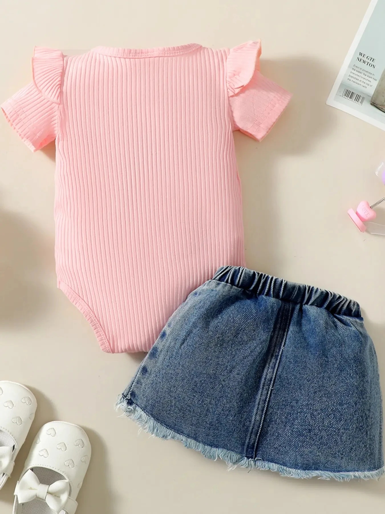 2024 new summer baby short sleeved jumpsuit+casual denim short skirt set