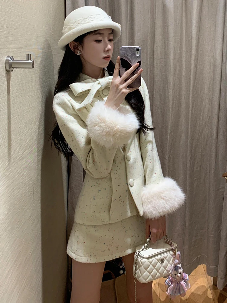 Rich daughter, high-end wear and small fragrant style set, women's color point bow two-piece set