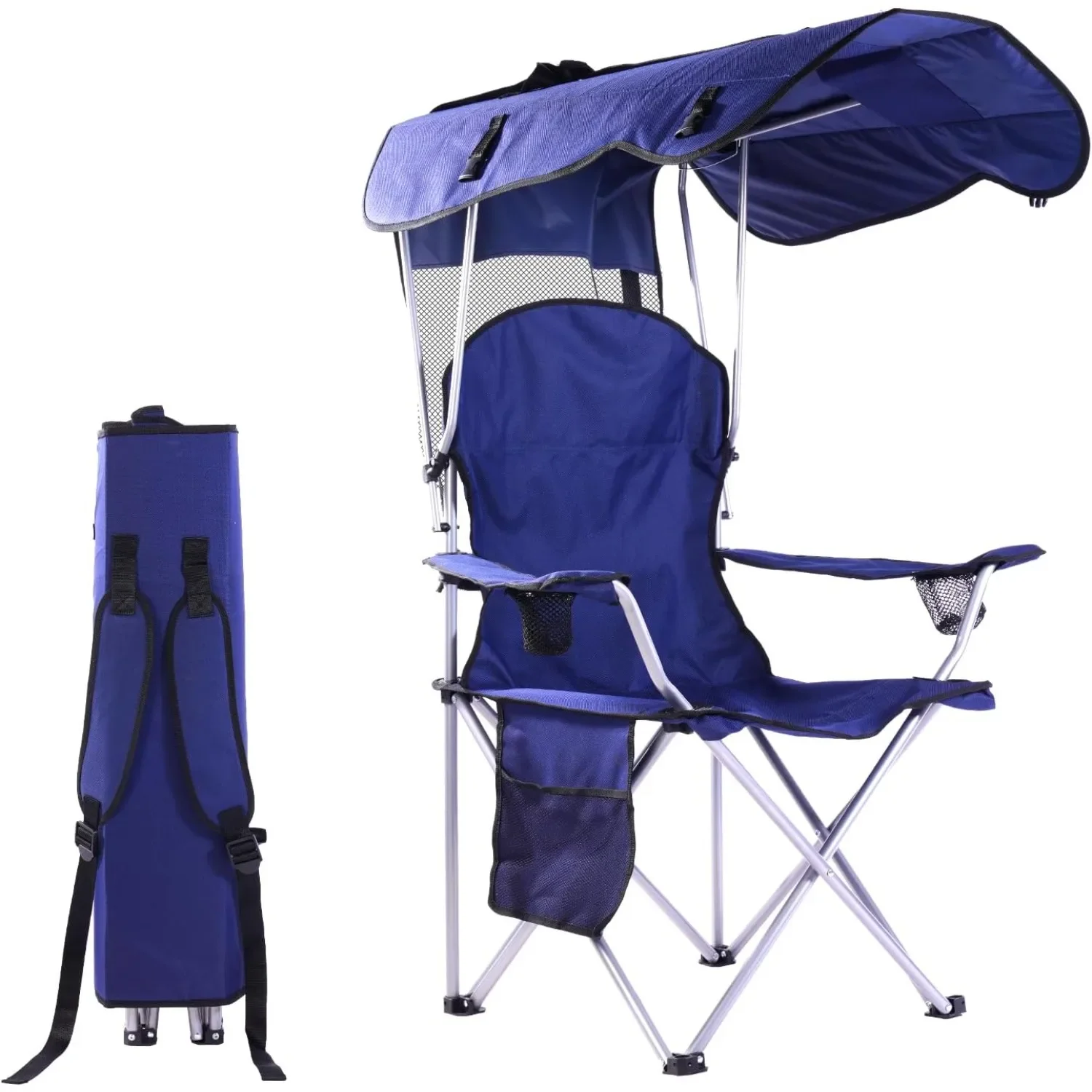 Portable folding camping chair with sunshade, adult beach chair, durable weather resistant 600D Oxford cloth [navy blue]