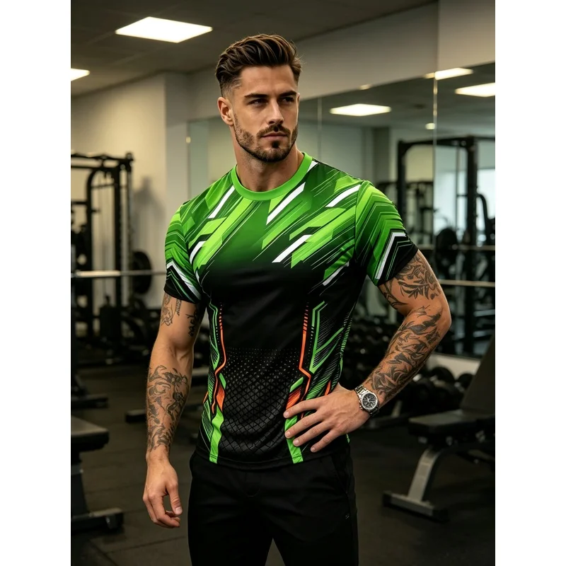 Summer Men'S Green Black Gradient Geometric Line Print Crew Neck Short Sleeve Sports T Shirt Multi Scene Casual Daily Wear Worko