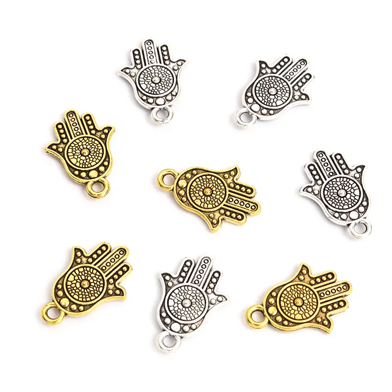 30pcs Fatima Vintage Pattern Charms Hamsa Hand Lucky Eye Antique Gold Silver Color Alloy Pendant Jewelry DIY Keyring Accessories