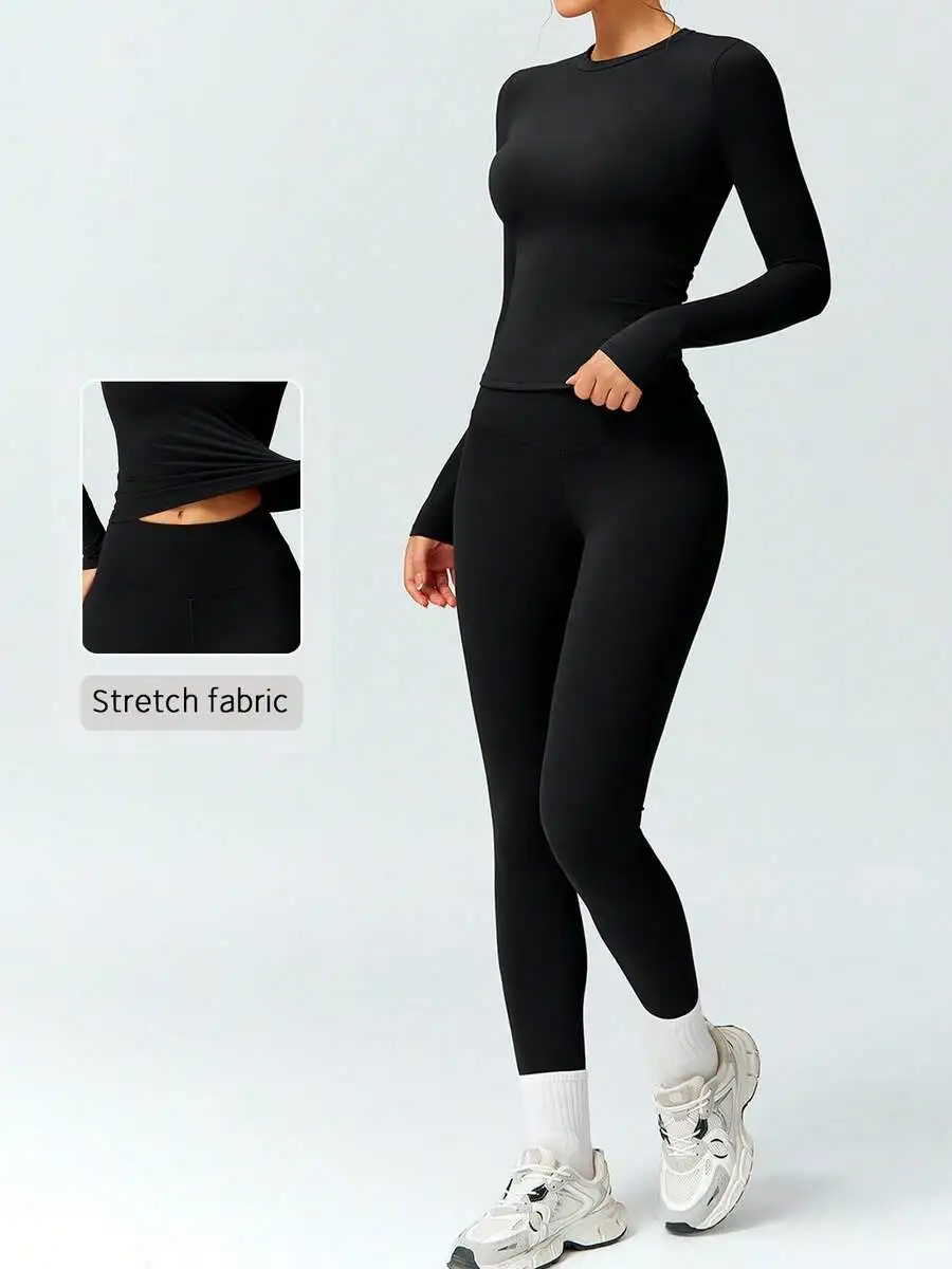 

Women 2 Piece Set Long Sleeve Crop Top High Waist Biker Pants Stretch Sportswear Tracksuit
