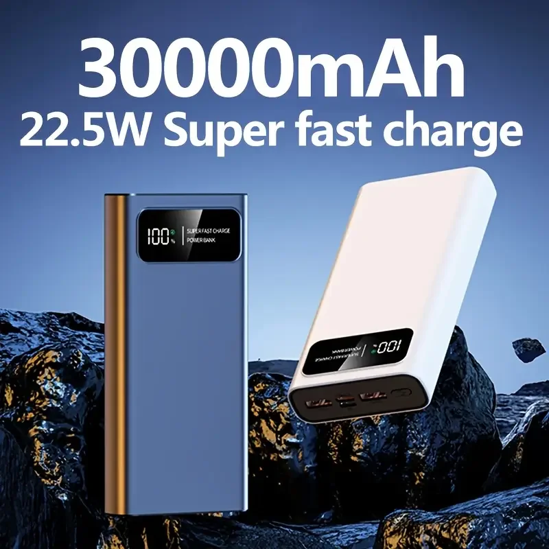 This portable power bank boasts a 30000mAh capacity, 22.5W bidirectional fast charging, a large capacity, and a smart digital display. It can charge multiple devices simultaneously.