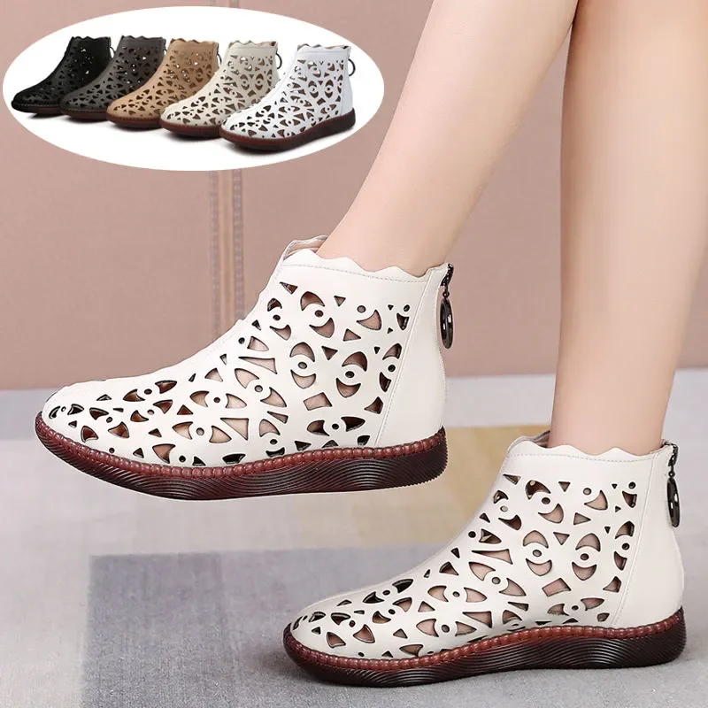 

GKTINOO 2024 Genuine Leather Spring Summer Boots Breathable Hole Boots Flat Soft Non-slip Big Size Comfortable Shoes Women