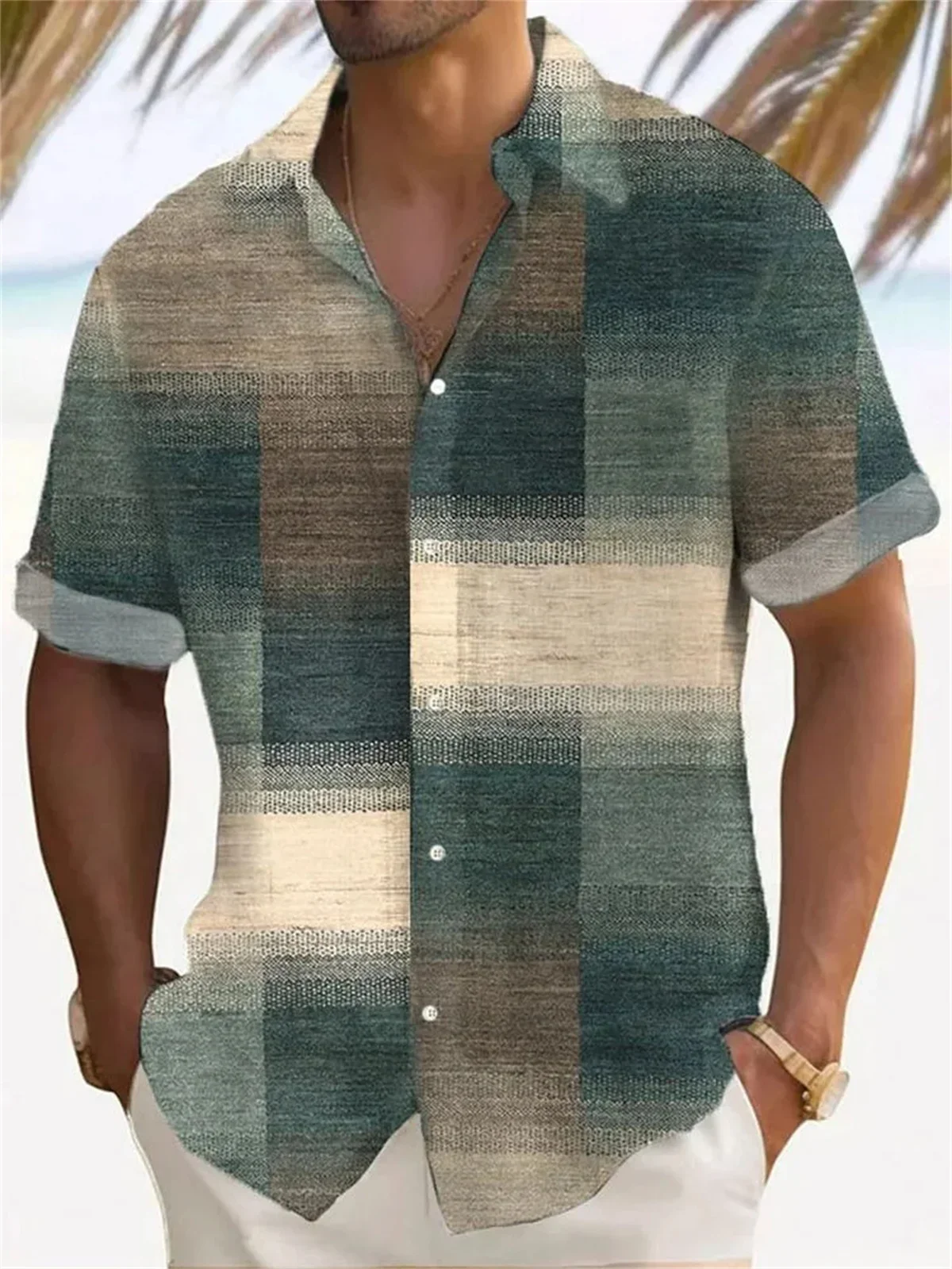 Men's Summer Linen Short-sleeved Lapel Button Shirt Men's Simple Retro Gradient Textured 3D Printed Shirt Hawaiian Shirt