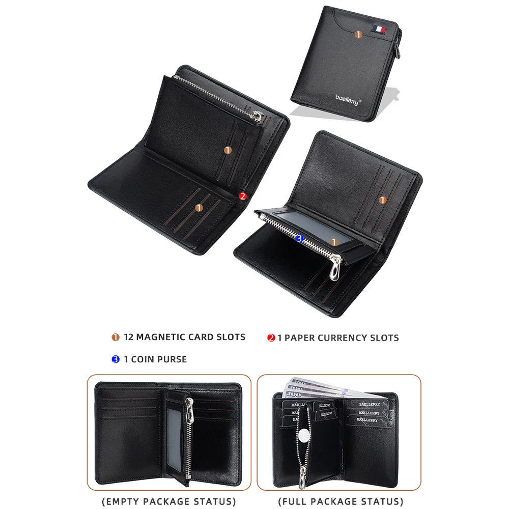 1 قطعة محفظة Baellerry الرجالية القصيرة مع فتحات بطاقات متعددة + جيب للعملات المعدنية بسحاب، هدية عصرية للرجال