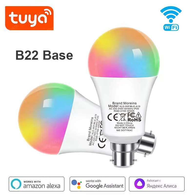 B22 Base UK TUYA Wifi Smart Bulb Bluetooth Lamps Led RGB Smart Light 220V Alexa Google Assisatnt Voice Control Timing APP Group