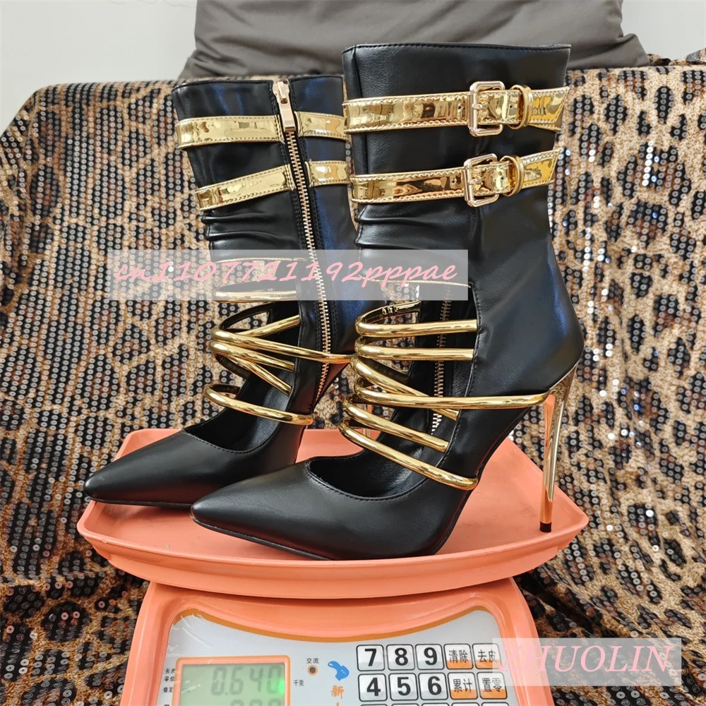 

Осенние сандалии на шпильке с золотым ремнем и пряжкой, женские короткие сапоги с острым носком и боковой молнией, элегантные полусапожки на высоком каблуке