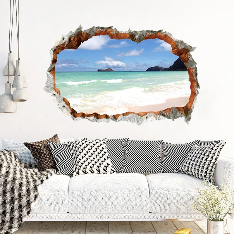 Ocean View Mural Sunrise Walls Hole Art Sunny Beach Sea Wave Sailboat Vinyl Poster Stickers Aesthetic Rooms for Home Decoration