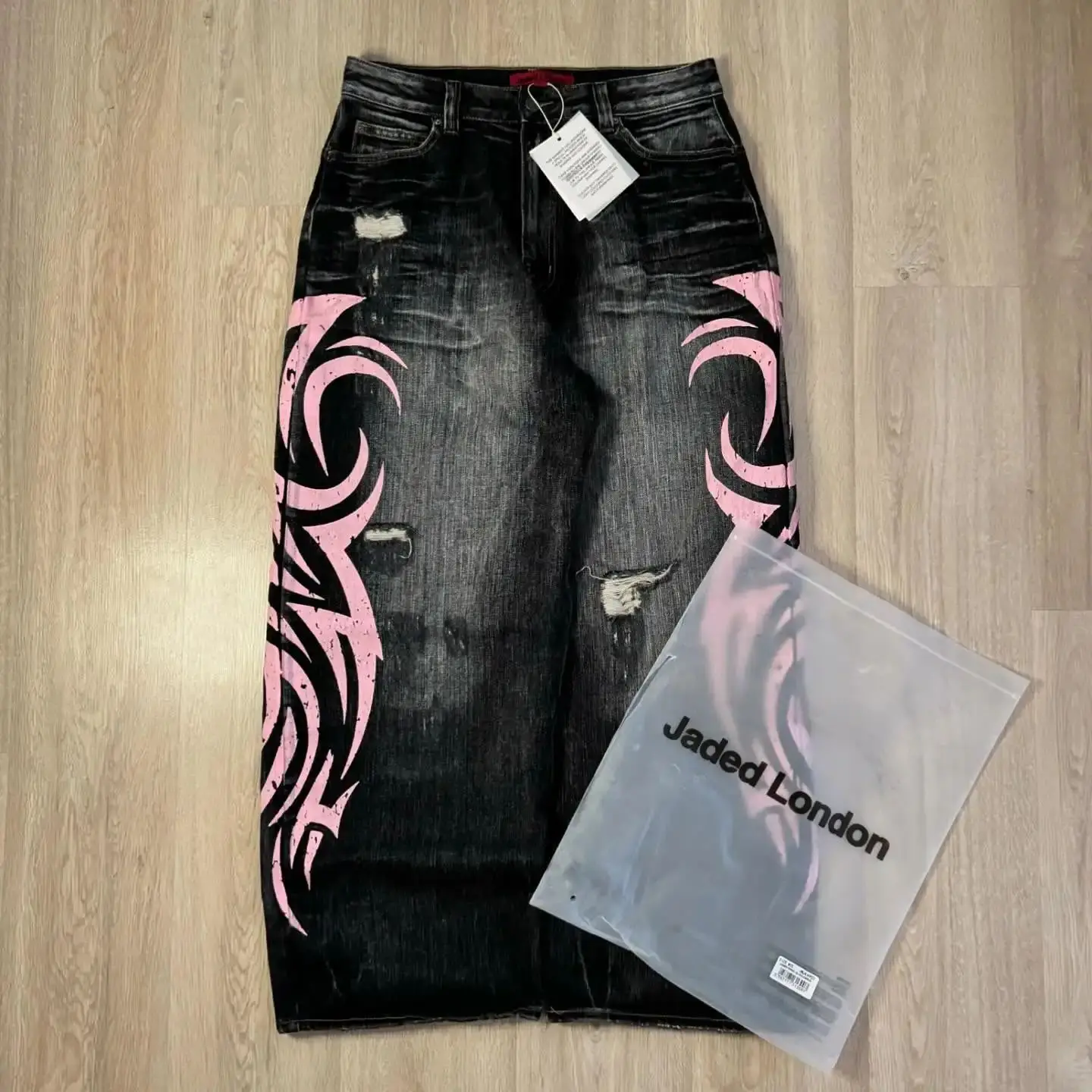 

Y2K Pink Vintage Baggy Jeans with Printing Pattern Waed Ripped Design Ladies Casual Trousers High Waist Fit All Seasons