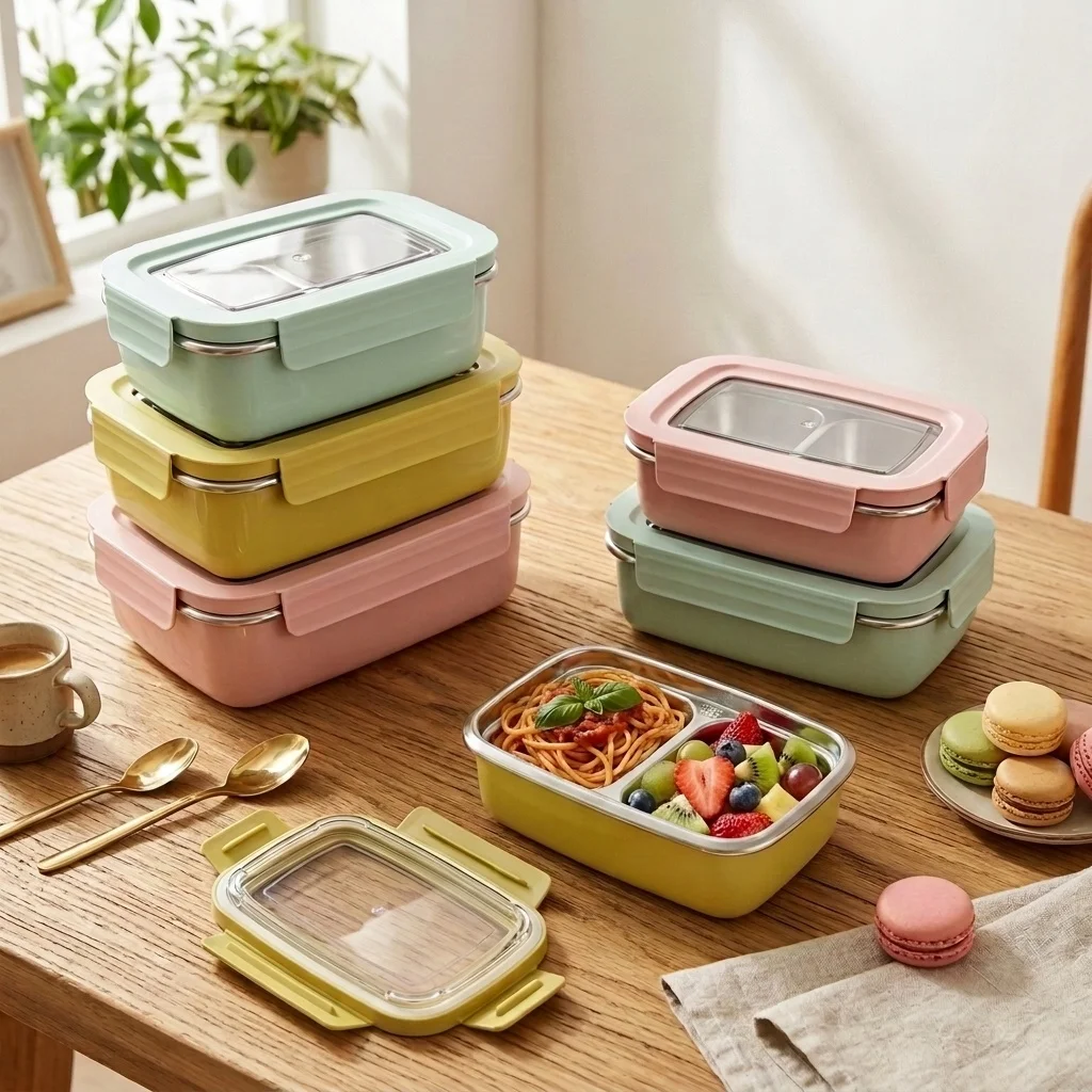 

1/2 Grids Portable Bento Lunch Box With Lid Microwave Heatable Leak-proof 304 Stainless Steel Food Container For Kids Students