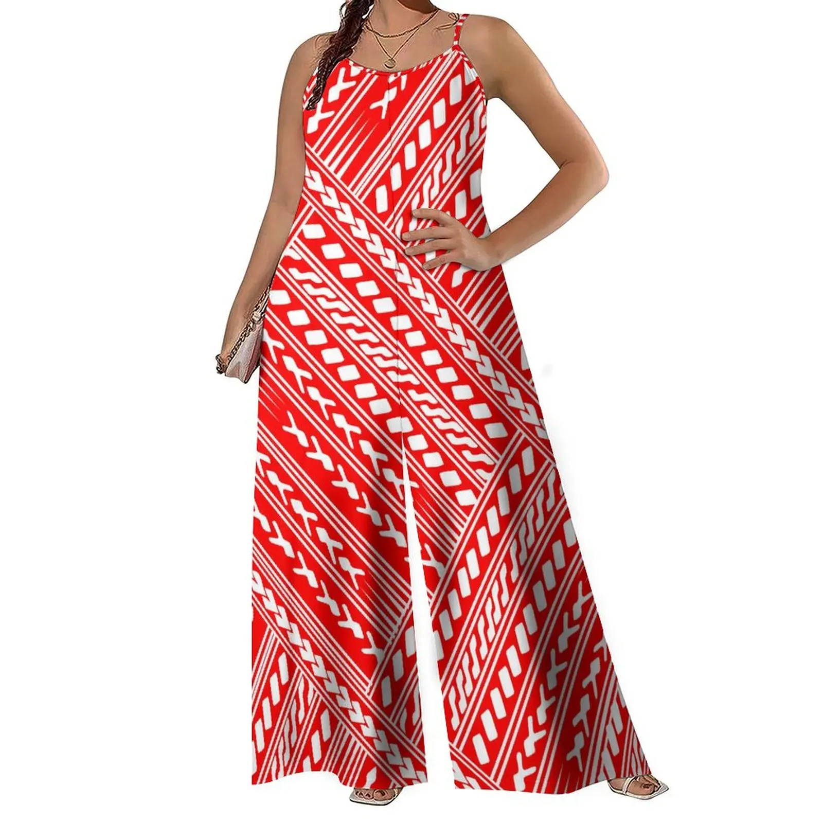 Halter Jumpsuit Women'S Pants Wide Leg Pants Waist Loose Polynesian Print Custom Design Women'S Summer Casual Long Pantsuit