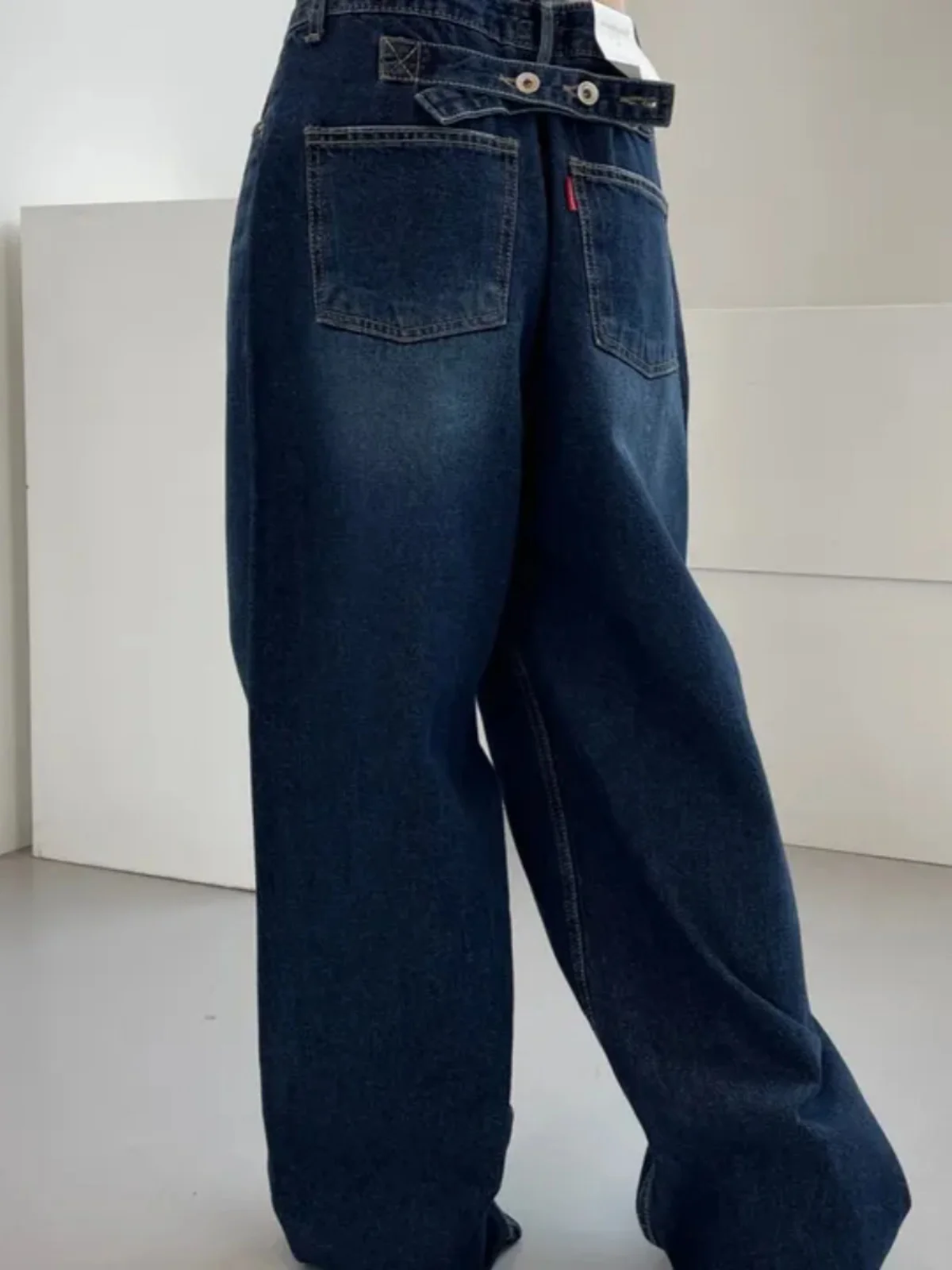 Retro Waed Pierna recta suelta Pierna ancha Pantalones vaqueros casuales hasta el suelo Pantalones vaqueros con botones Ba para mujer Pantalones largos casuales versátiles...