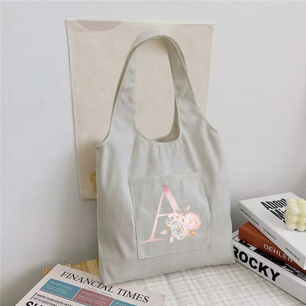 Women Shopper Organizer Bag Canvas Tote Bag Fashion Pink Flower Print Shoulder Bag Reusable Supermarket Tote Shopping Bag Casual