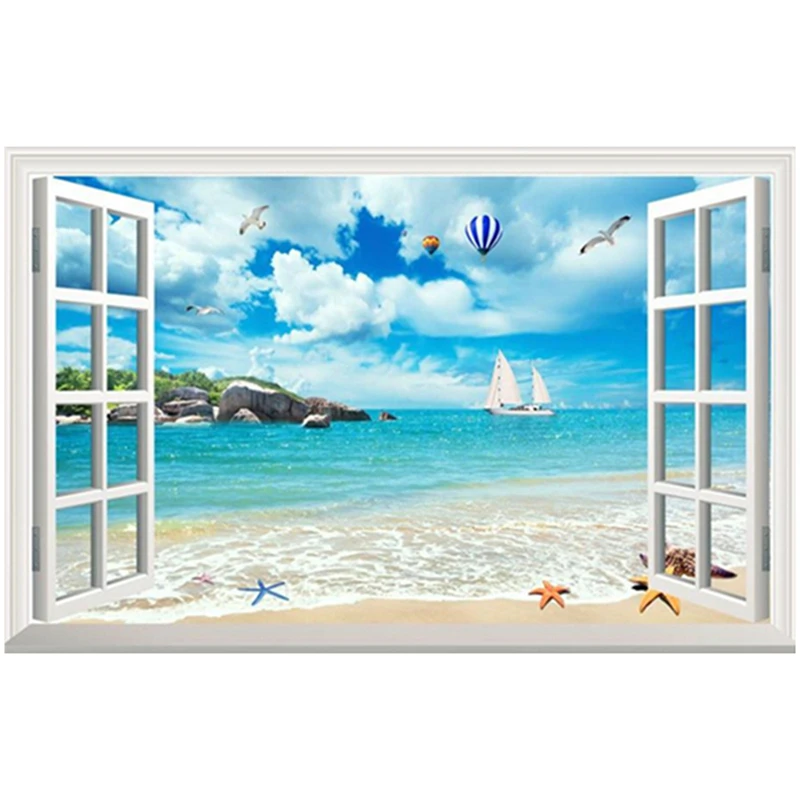 Sea View Mural 3D Wall Art Beach Seastars Vinyl Room Window Scenery Stickers for Home Decoration Blue Water Sailboat Wallpaper