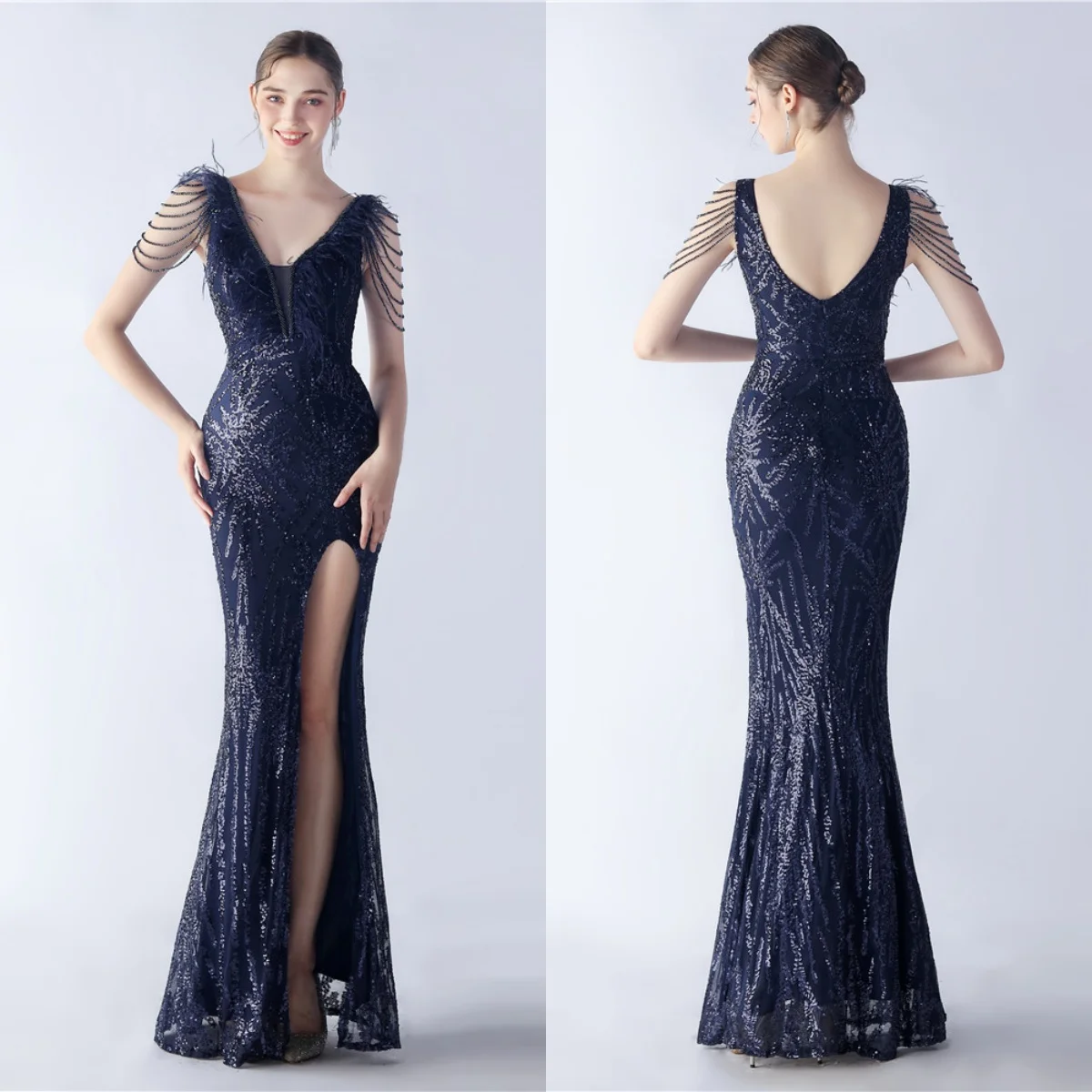 

Evening Dress Navy Blue Sequins Beads Stretchy V-neck Feather Zipper Mermaid Trumpet Floor Length Slit Women Party Formal Gowns