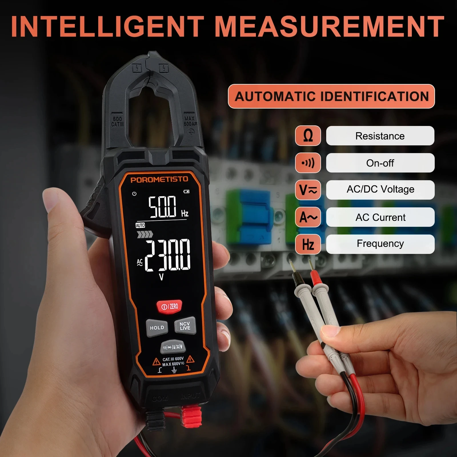 POROMETISTO CM01 Digital Clamp Meter 9999 Counts DC/AC Current 600A Clamp True RMS Auto Range Temp Capacitance Ohm Ammeter Plier