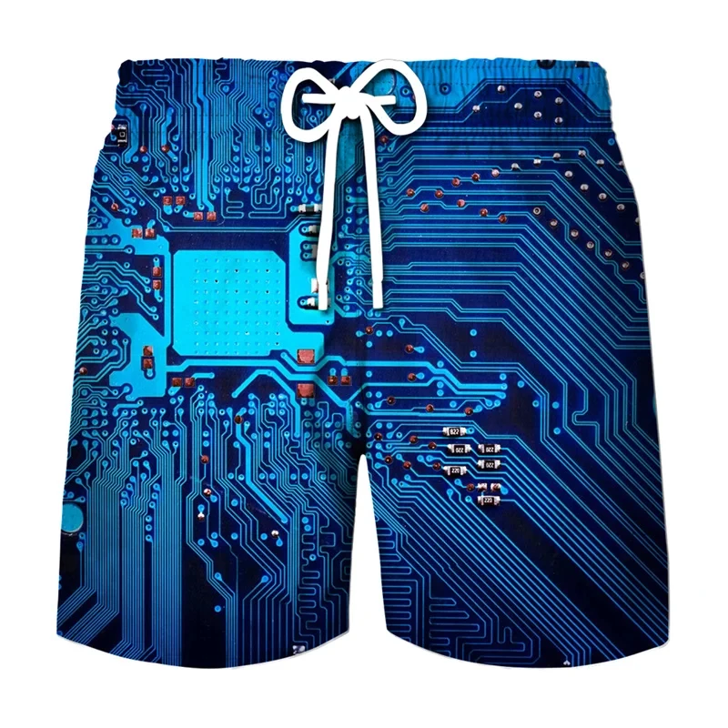 Circuit Board Graphic Shorts Pants Men Summer Hawaii Beach Shorts 3D Printing Electronic Chip Cool Swimsuit Gym Surf Swim Trunks