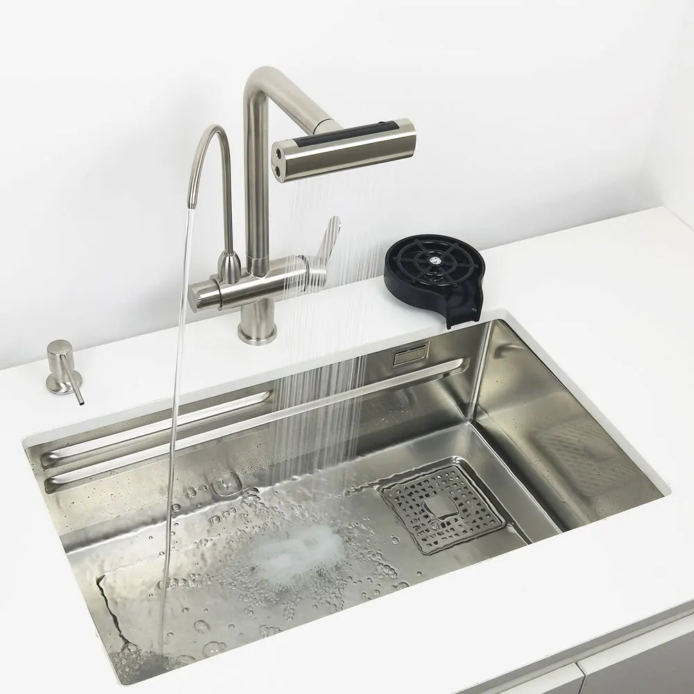 Unterbau-Küchenspüle aus 304 Edelstahl mit Wasserfallarmatur, Multifunktionale Einzelwaschbecken – Detail 4