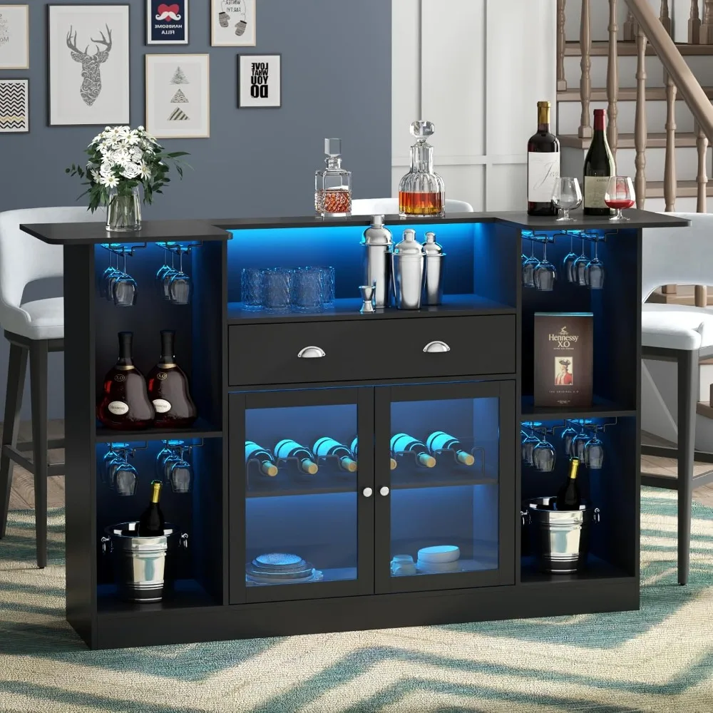 Armoire de table de bar avec LED et tiroir, mini barre d'alcool avec rangement à 8 niveaux et support pour verres à pied