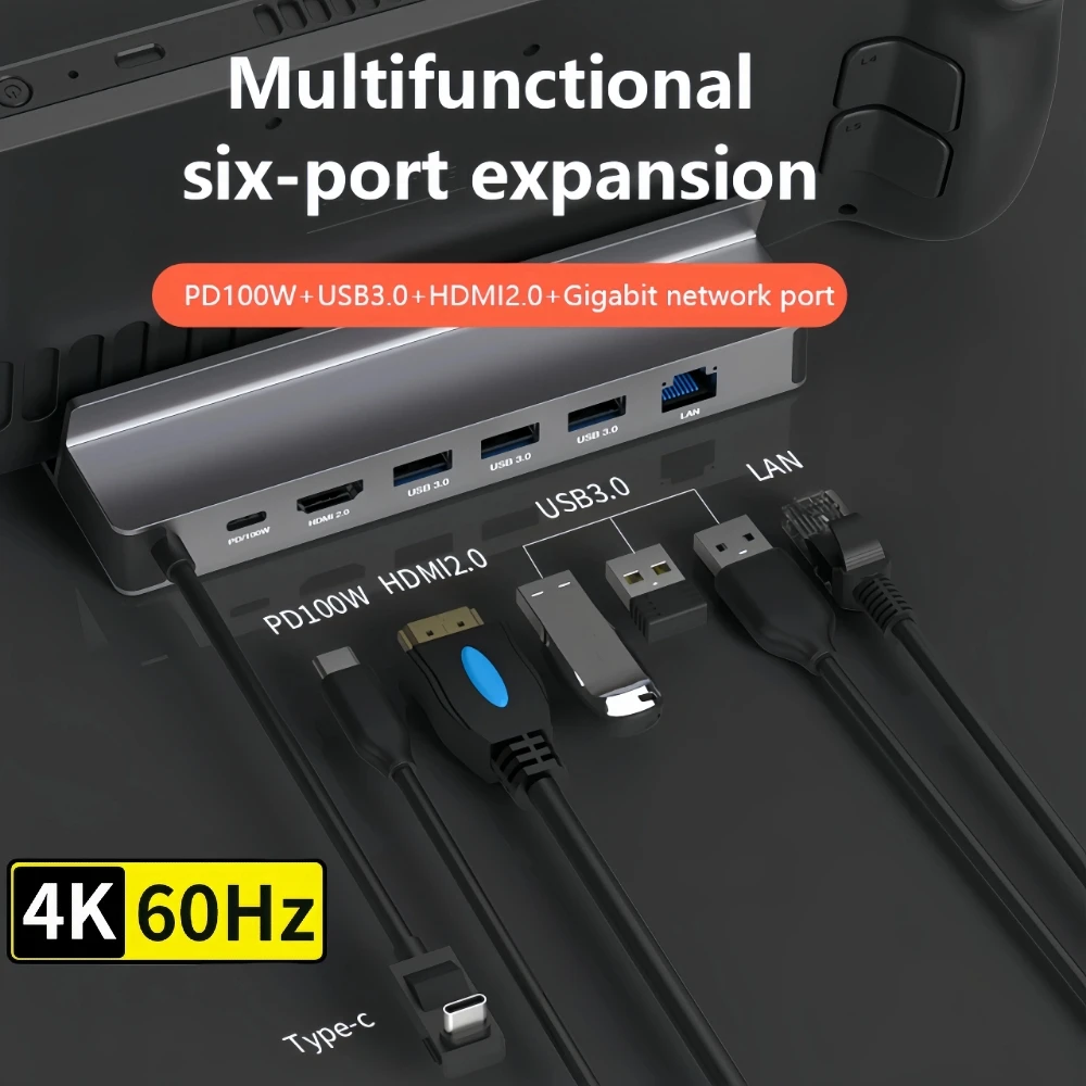 

6 in 1 Docking Station for Steam Deck Rog Ally Docking Station Stand Accessories USB 3.0 HDMI 4K@60Hz Gigabit Ethernet PD Hub