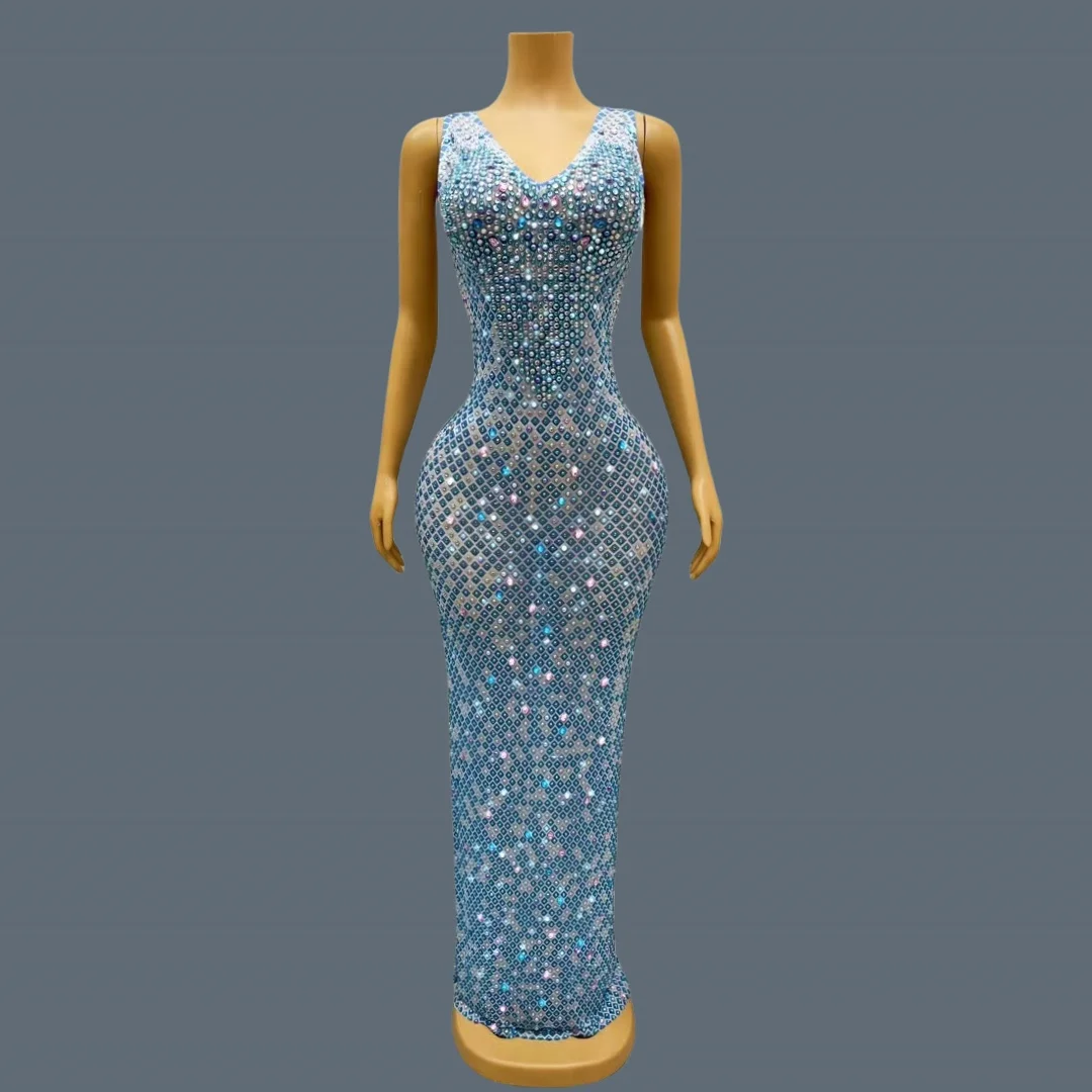 

Elegant Blue V-neck Mesh Sexy Dress Sparkling Rhinestone Chic Evening Gown Cocktail Party Night Performance Long Dress Bilanshe