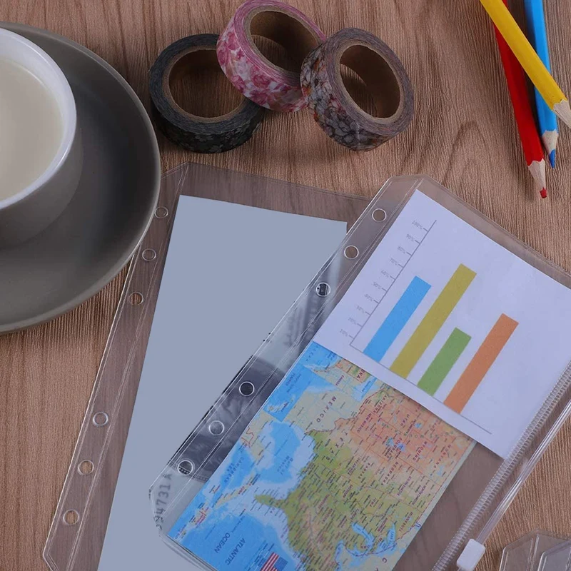 24 Pcs Binder Pockets A6 Size 6 Holes Binder Zipper Folders For 6-Ring Notebook Binder Loose Leaf Bags