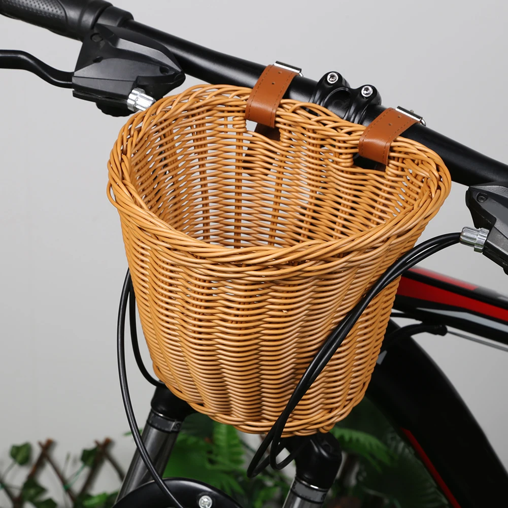 Bicycle Storage Pannier Bell with Leather Straps Hand-Woven Small Bicycle Basket Waterproofing Bicycle Imitation Wicker Basket