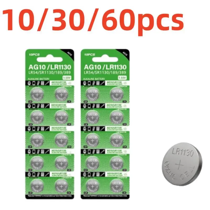 10/30/60PCS 1.55V AG10 LR1130 SR54 389 189 SR1130 D189 LR54 Button Batteries G10A SR1130SW Cell Coin Watch Toys Remote Battery