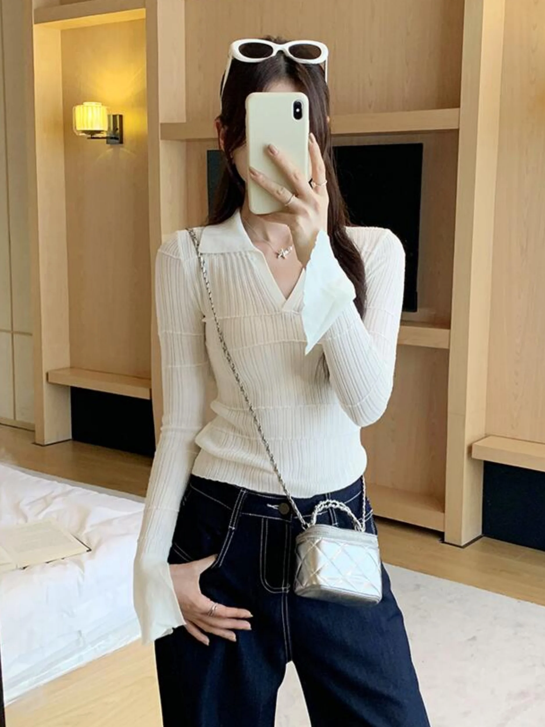 Purple  Neck Long Sleeve Knitted Sweater Women's Autumn High-End Feeling Inner Wear Slim Fit Bell Sleeve Base Top view 5