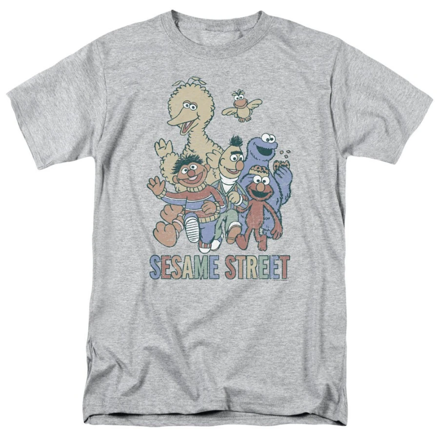 Sesame Street Distressed Colorful Group Athletic Heather Adult Shirts Men Women Streetwear Oversized Loose Casual Summer
