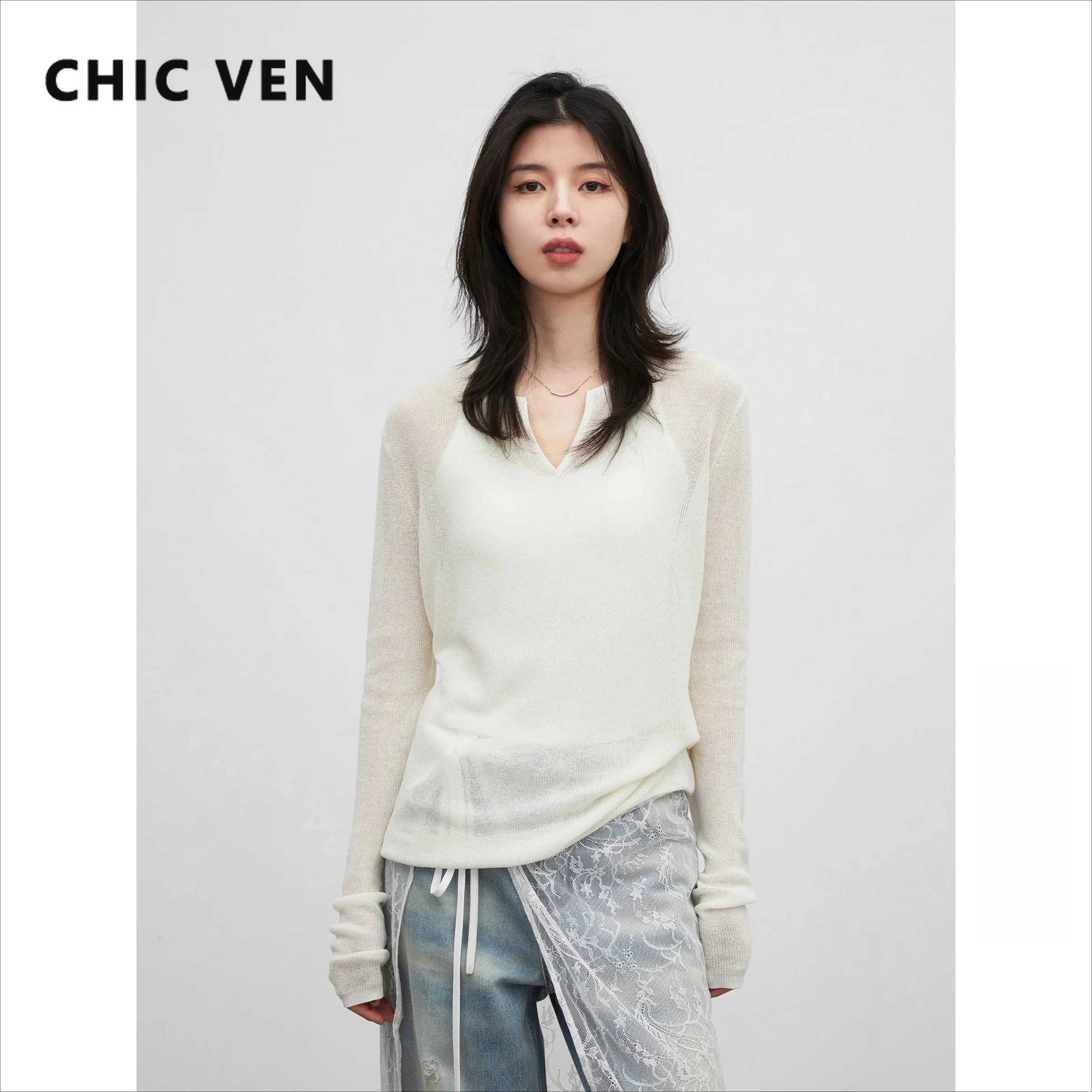 

CHIC VEN Fashion Women Sweaters V Neck Pullover Loose Casual Knitted Shirt Thin Long Sleeve Ladies Coat Spring Summer 2026